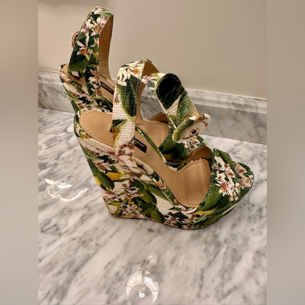 Dolce & Gabbana BIANCA Floral Printed Fabric Platform Wedge Sandals 36.5 - Picture 5 of 11